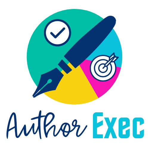 Author Exec logo features a pie chart with a fountain pen, check mark, and bullseye on top