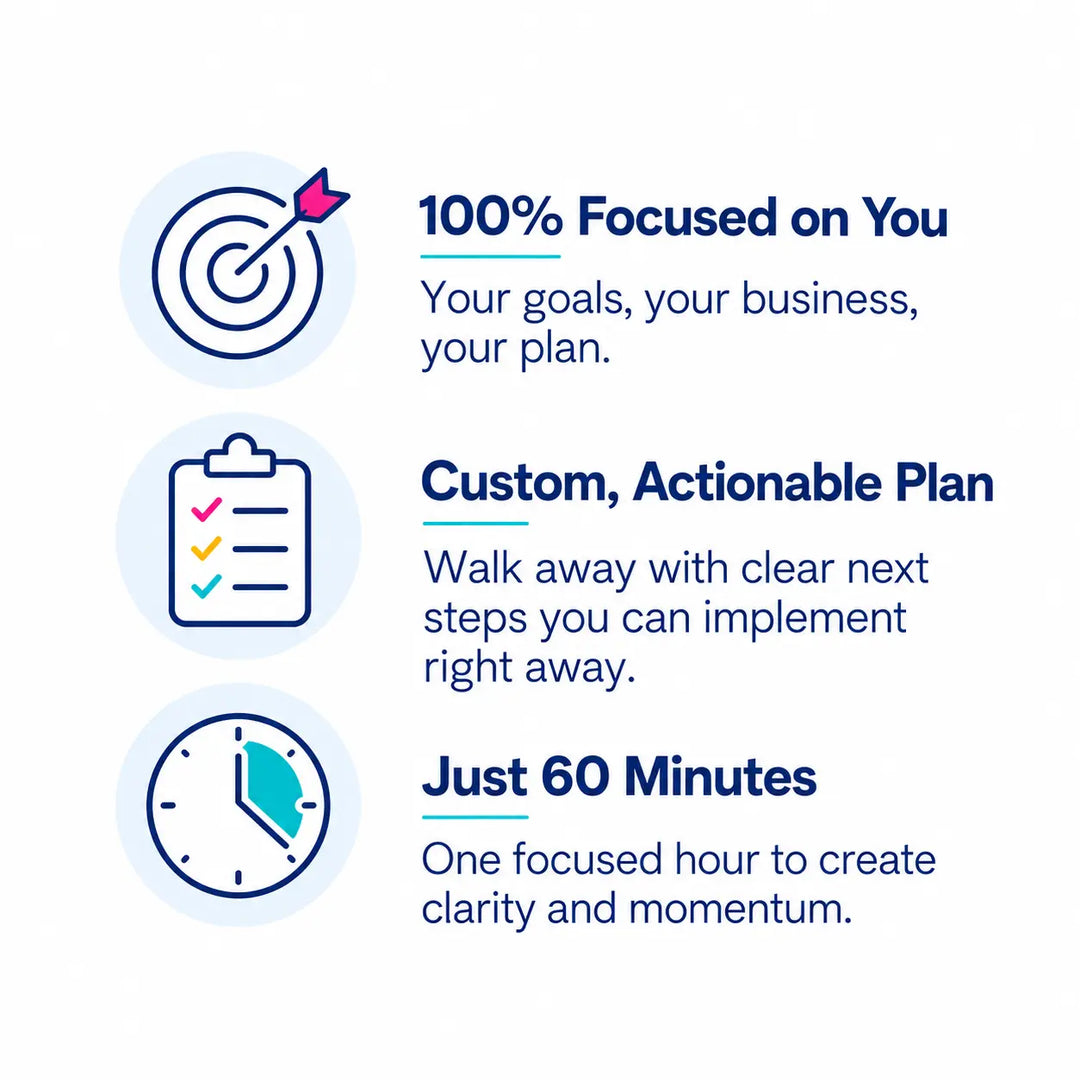 Three marketing feature callouts on a white background: a target icon with the text &